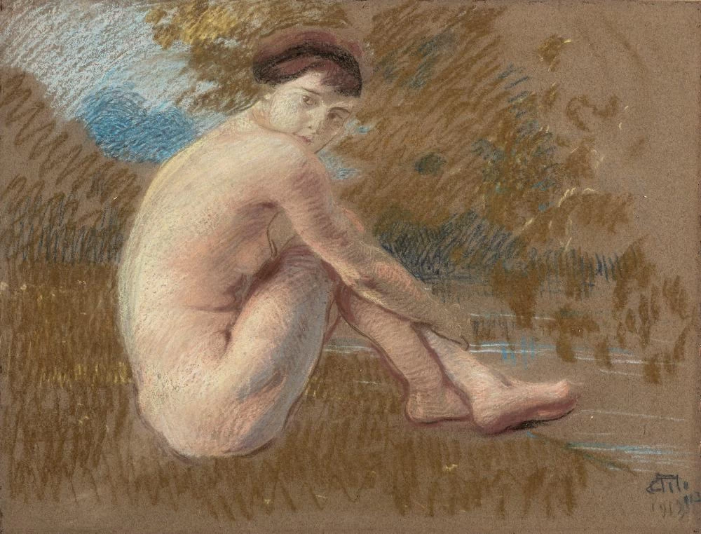 Ettore Tito-273-Nudo femminile in riva al fiume, 1913